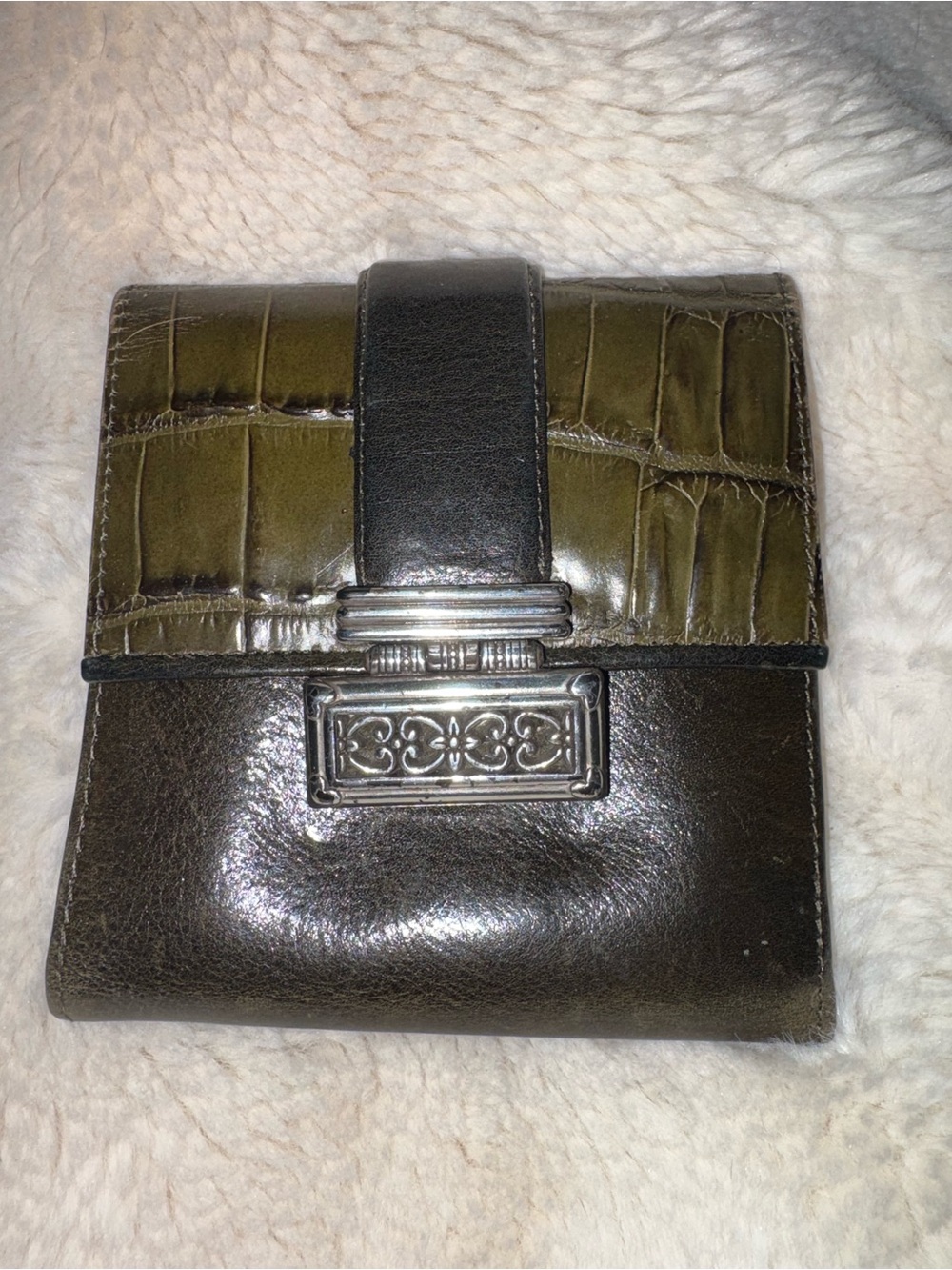 Brighton Olive Green and Black Croc-Accent Compact Wallet